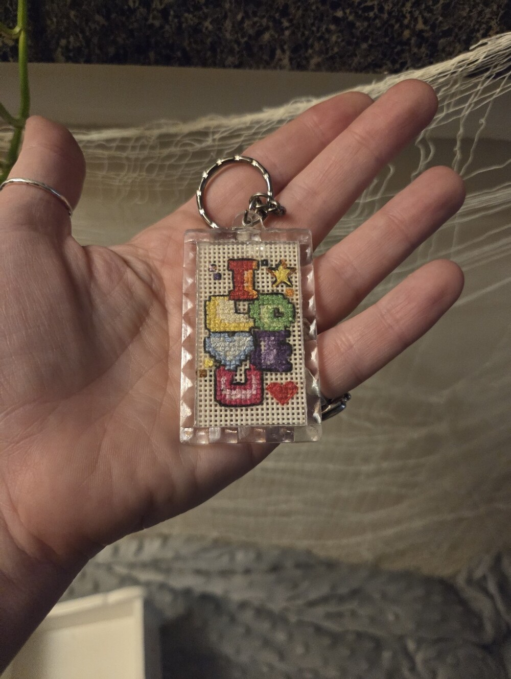 Cute vintage handmade I Love You cross stitch keychain